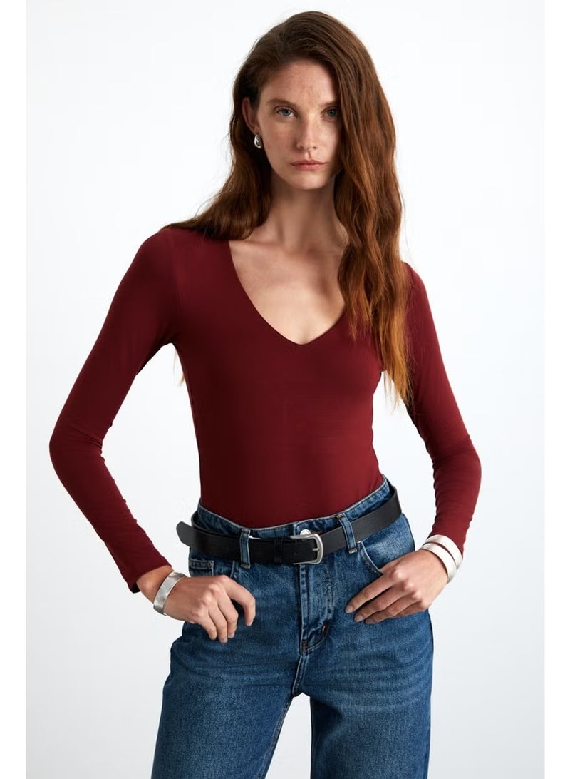 GRIMELANGE Leıdy Deep V Neck Long Sleeve Viscose Burgundy Blouse - Image 1